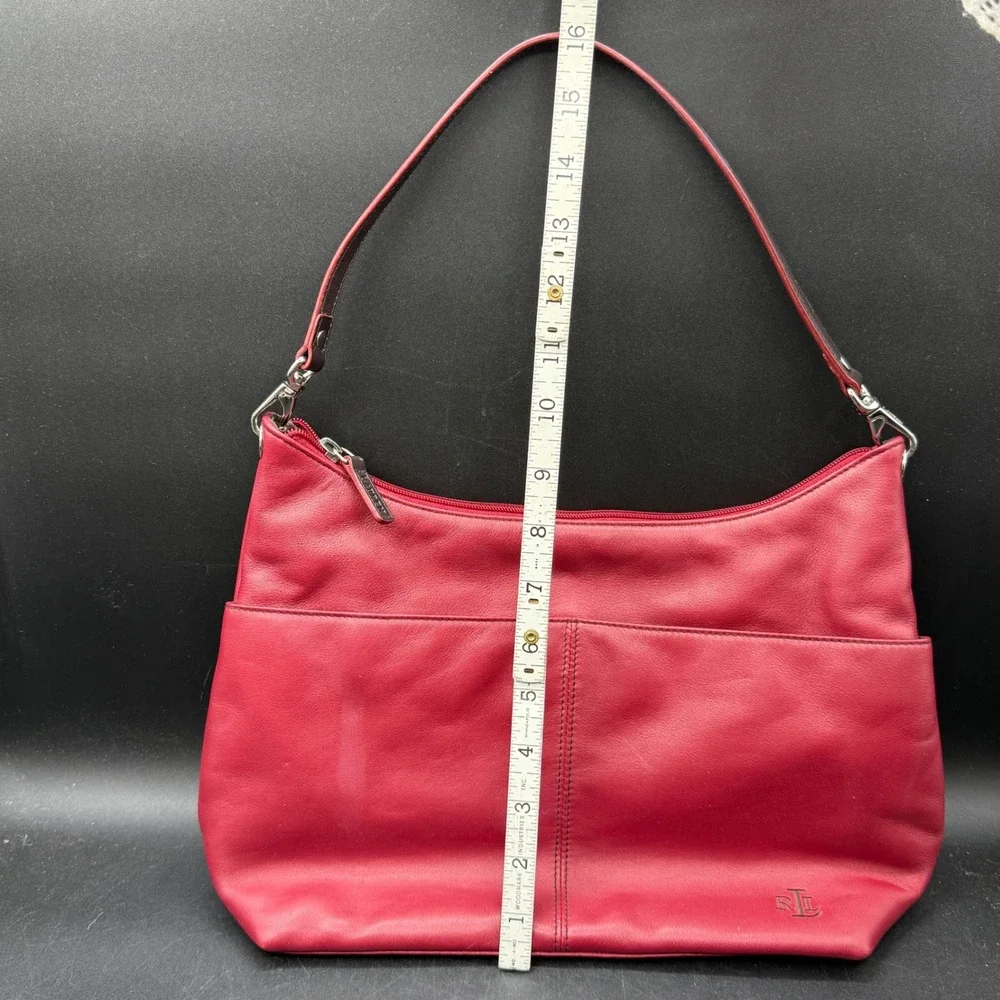 Lauren Ralph Lauren Red Leather Hobo‎ Shoulder Bag Purse Front Pocket RL Logo